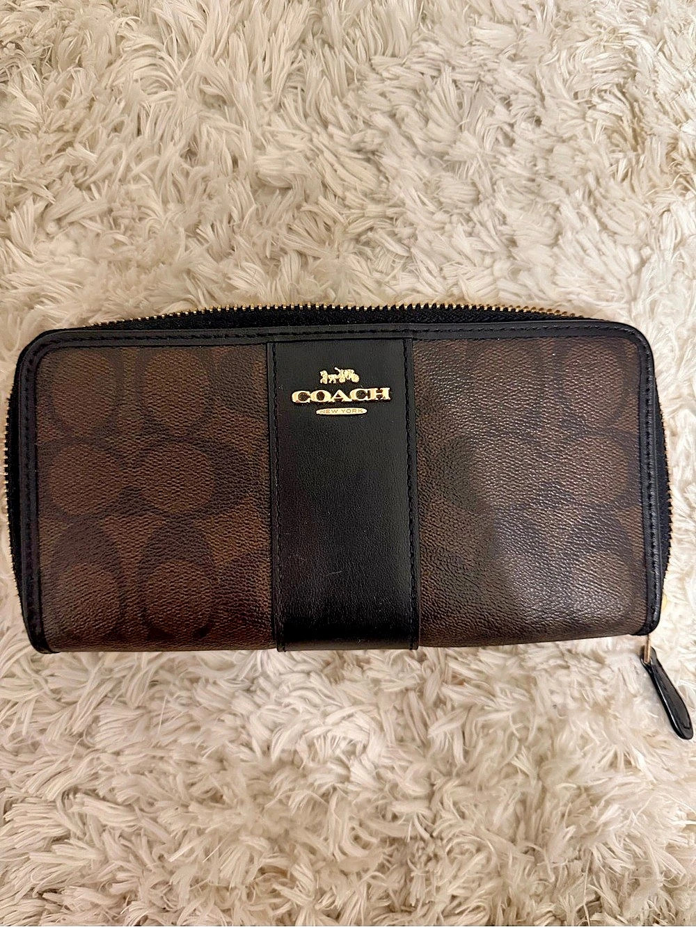 Coach Accordion Zip Wallet in Signature Canvas with Center Stripe Brown & Black